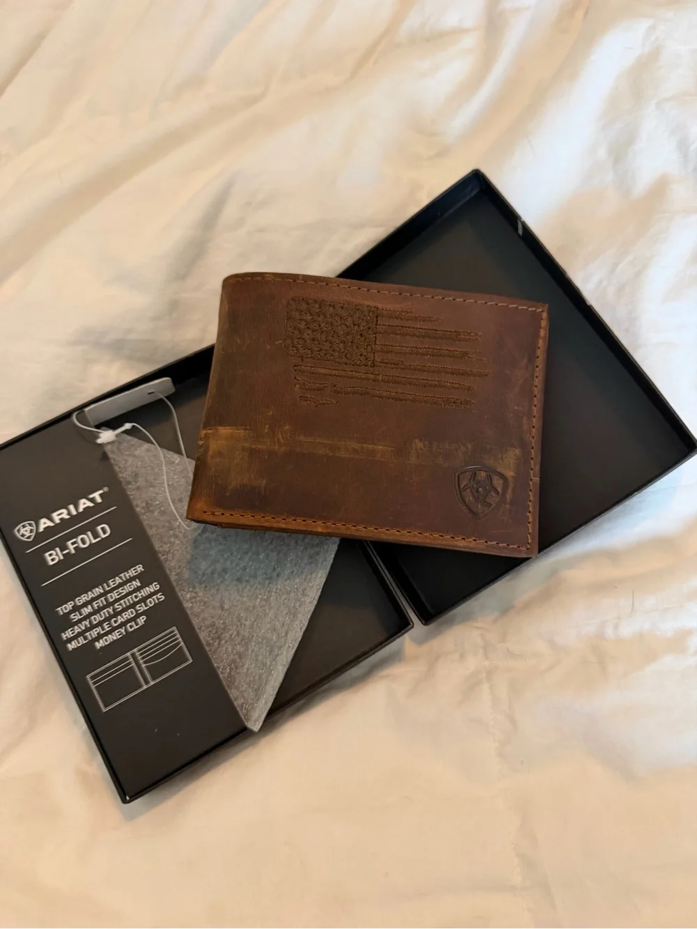 Ariat Distressed Brown Leather Bi-Fold Wallet with Embossed Flag